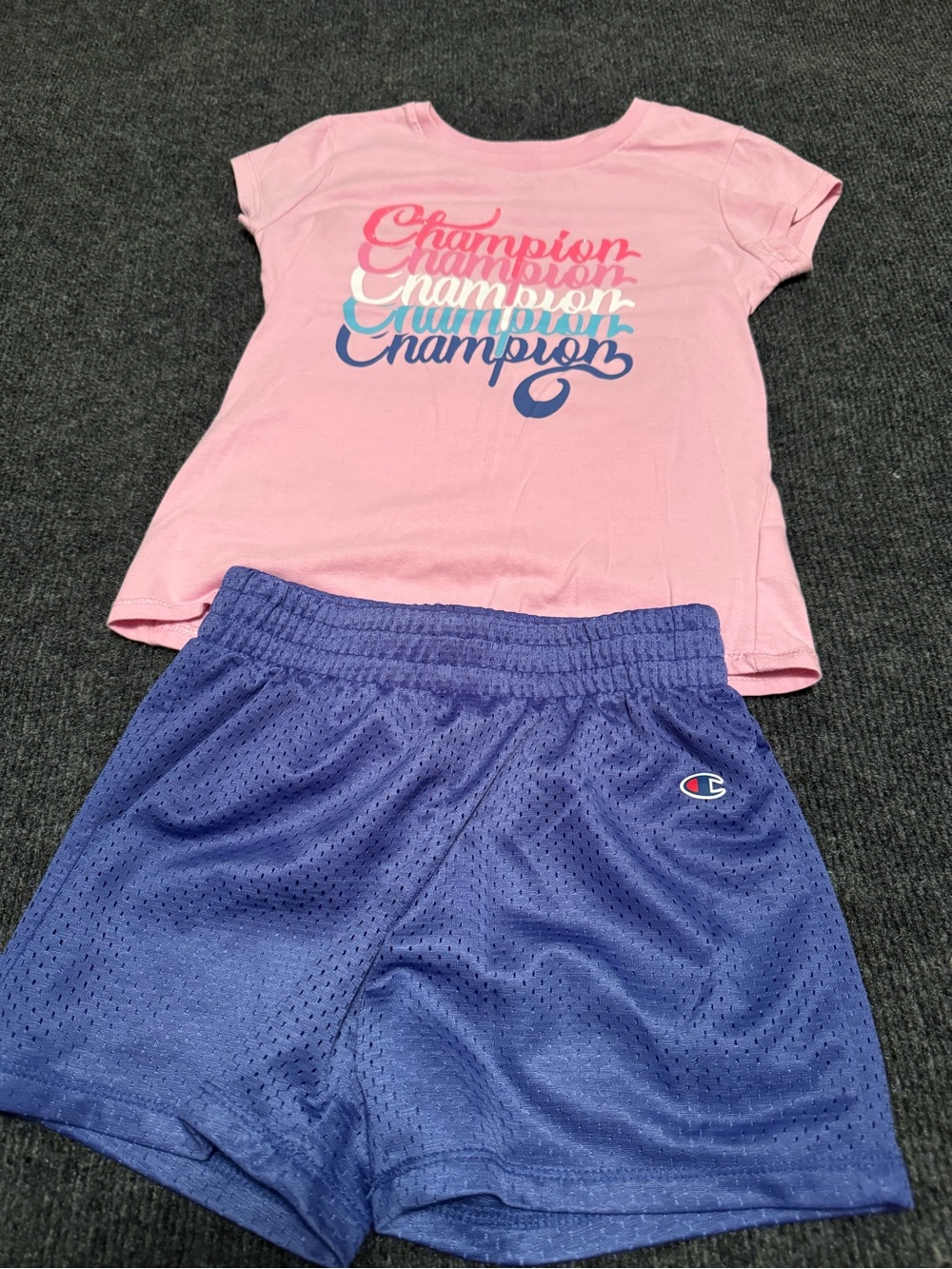 Champion Girls 2-Piece Activewear Set Pink Script Graphic Tee Blue Mesh Shorts 6